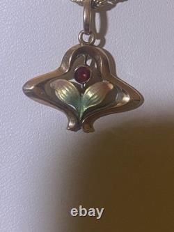 Beautiful Antique Art Nouveau 9ct Rose Gold Enamelled Leaves Flower Pendant 9ct
