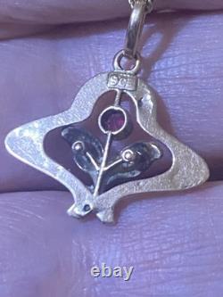 Beautiful Antique Art Nouveau 9ct Rose Gold Enamelled Leaves Flower Pendant 9ct