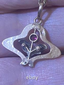 Beautiful Antique Art Nouveau 9ct Rose Gold Enamelled Leaves Flower Pendant 9ct