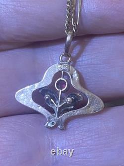 Beautiful Antique Art Nouveau 9ct Rose Gold Enamelled Leaves Flower Pendant 9ct