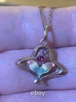 Beautiful Antique Art Nouveau 9ct Rose Gold Enamelled Leaves Flower Pendant 9ct