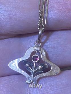 Beautiful Antique Art Nouveau 9ct Rose Gold Enamelled Leaves Flower Pendant 9ct