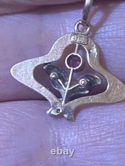Beautiful Antique Art Nouveau 9ct Rose Gold Enamelled Leaves Flower Pendant 9ct