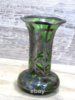 Beautiful Antique Art Nouveau Sterling Silver Overlay Green Glass 4 1/4 high