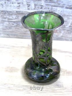 Beautiful Antique Art Nouveau Sterling Silver Overlay Green Glass 4 1/4 high