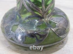 Beautiful Antique Art Nouveau Sterling Silver Overlay Green Glass 4 1/4 high