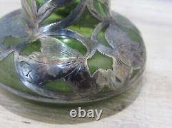 Beautiful Antique Art Nouveau Sterling Silver Overlay Green Glass 4 1/4 high