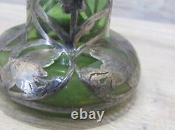 Beautiful Antique Art Nouveau Sterling Silver Overlay Green Glass 4 1/4 high