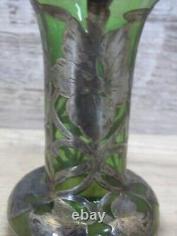 Beautiful Antique Art Nouveau Sterling Silver Overlay Green Glass 4 1/4 high