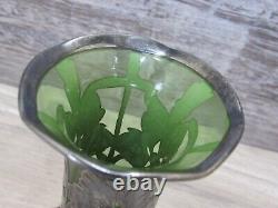 Beautiful Antique Art Nouveau Sterling Silver Overlay Green Glass 4 1/4 high