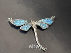 Beautiful Antique Art Nouveau dragonfly Solid Silver Guilloche Enamel Pendant