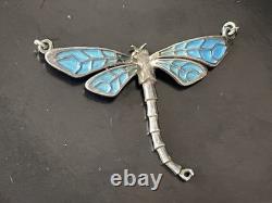 Beautiful Antique Art Nouveau dragonfly Solid Silver Guilloche Enamel Pendant