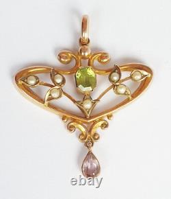 Beautiful Art Nouveau Antique Gold Peridot Rubillite and Pearl Pendant