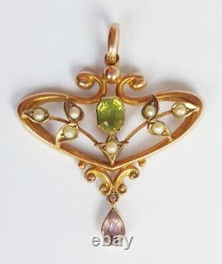 Beautiful Art Nouveau Antique Gold Peridot Rubillite and Pearl Pendant
