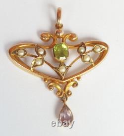 Beautiful Art Nouveau Antique Gold Peridot Rubillite and Pearl Pendant