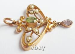 Beautiful Art Nouveau Antique Gold Peridot Rubillite and Pearl Pendant