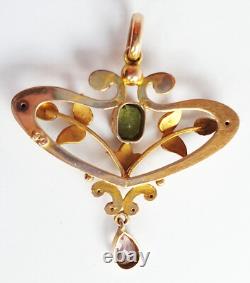Beautiful Art Nouveau Antique Gold Peridot Rubillite and Pearl Pendant
