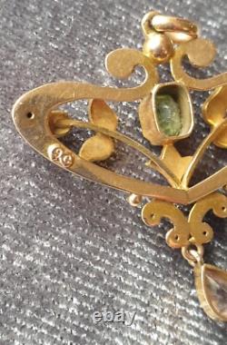 Beautiful Art Nouveau Antique Gold Peridot Rubillite and Pearl Pendant