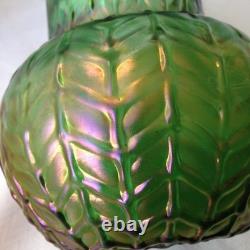 Beautiful Art Nouveau Loetz Style Green Iridescent Glass Vase Leaf Pattern