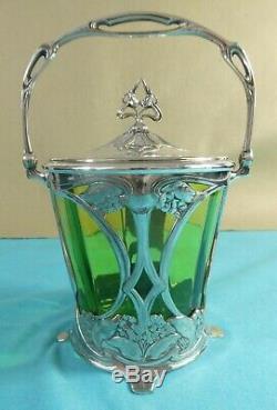 Beautiful Art Nouveau Silver Plate Green Glass Biscuit Box Leaf Flower WMF C1905