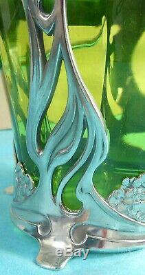 Beautiful Art Nouveau Silver Plate Green Glass Biscuit Box Leaf Flower WMF C1905
