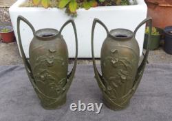 Beautiful Art Nouveau floral green spelter vases, B. Poccard 1902, Secessionist