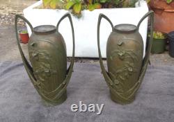 Beautiful Art Nouveau floral green spelter vases, B. Poccard 1902, Secessionist