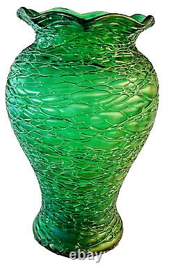 Beautiful Big Antique Loetz Emerald Green Crete Chine Glass Vase