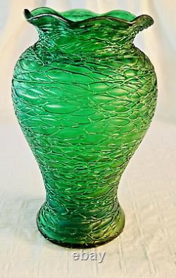 Beautiful Big Antique Loetz Emerald Green Crete Chine Glass Vase