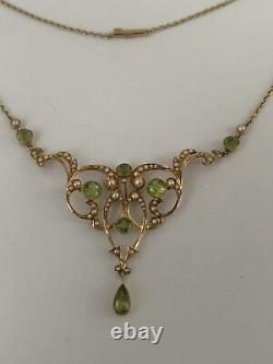 Beautiful Fine Victorian Art Nouveau 15ct Gold Natural Peridot & Pearl Necklace