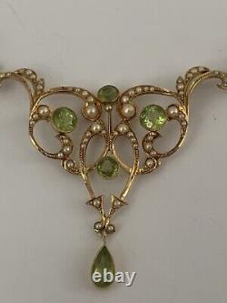 Beautiful Fine Victorian Art Nouveau 15ct Gold Natural Peridot & Pearl Necklace