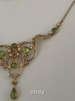 Beautiful Fine Victorian Art Nouveau 15ct Gold Natural Peridot & Pearl Necklace