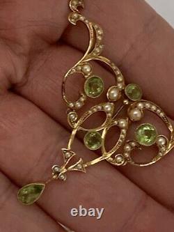 Beautiful Fine Victorian Art Nouveau 15ct Gold Natural Peridot & Pearl Necklace