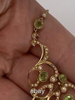 Beautiful Fine Victorian Art Nouveau 15ct Gold Natural Peridot & Pearl Necklace