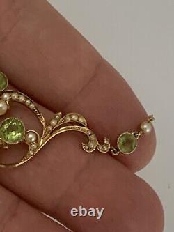 Beautiful Fine Victorian Art Nouveau 15ct Gold Natural Peridot & Pearl Necklace