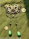 Beautiful Large Art Nouveau Double Lion Head Brooch With Green Glass Dangles Fn&c