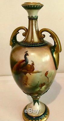 Beautiful Royal Worcester Handpainted Vase decorated with Peacocks signed Austin