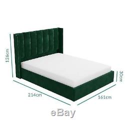 Beautiful Winged High Back King Size Ottoman Bed In Green Velvet With Storage