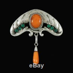 Bernhard Hertz. Art Nouveau Silver Brooch with Amber and Green Agate