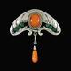 Bernhard Hertz. Art Nouveau Silver Brooch With Amber And Green Agate