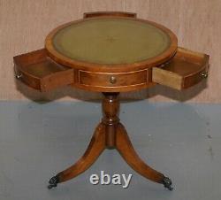 Bevan Funnell Pollard Oak Regency Green Leather Drum Side Lamp Wine Table Drawer