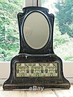 Black Cast Iron Mirror Green and Cream Tiles Very Heavy Wall Stand Art Nouveau