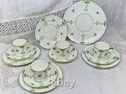 Blythe Diamond China Tea Set for 4 x Pink Roses Green Leaves Art Nouveau c1905