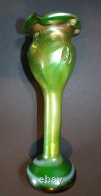 Bohemian Art Glass Vase Signed 1980 Irrescent Green Art Nouveau Kralik Loetz j