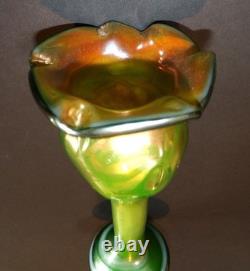Bohemian Art Glass Vase Signed 1980 Irrescent Green Art Nouveau Kralik Loetz j