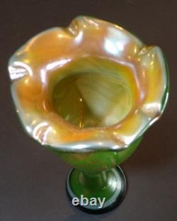 Bohemian Art Glass Vase Signed 1980 Irrescent Green Art Nouveau Kralik Loetz j
