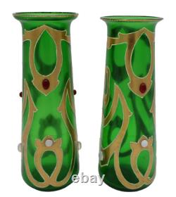 Bohemian Art Nouveau Green Art Glass Painted Enamel Floral Vase Pair