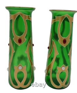 Bohemian Art Nouveau Green Art Glass Painted Enamel Vase Pair