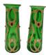 Bohemian Art Nouveau Green Art Glass Painted Enamel Vase Pair