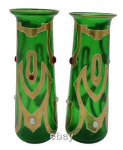 Bohemian Art Nouveau Green Art Glass Painted Enamel Vase Pair
